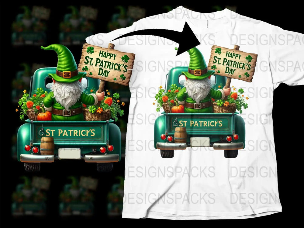 St. Patrick's Day gnome in green truck holding sign, print-ready t-shirt design with shamrocks and pumpkins