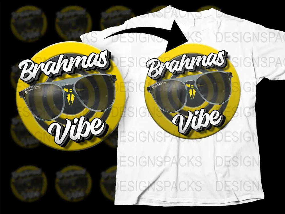 Brahmas Vibe t-shirt design with sunglasses and yellow circular graphic for DTF/DTG printing