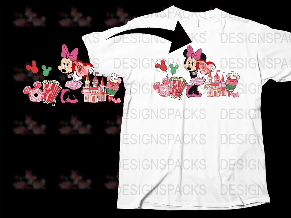 Minnie Mouse Valentine's design with castle, donuts, popcorn, and balloons for DTG/DTF printing