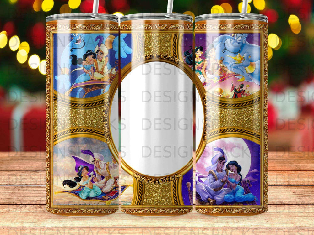 Jasmine and Aladdin on a magic carpet in a gold-trimmed frame.