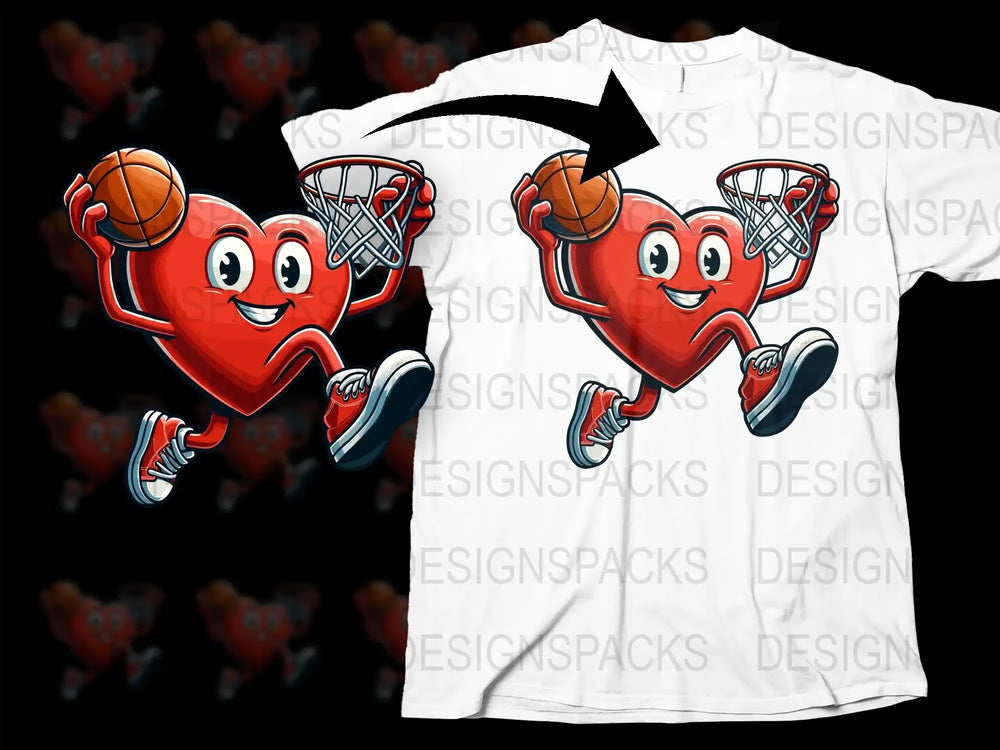 Cute heart character playing basketball, printed on white t-shirt, fun sports design