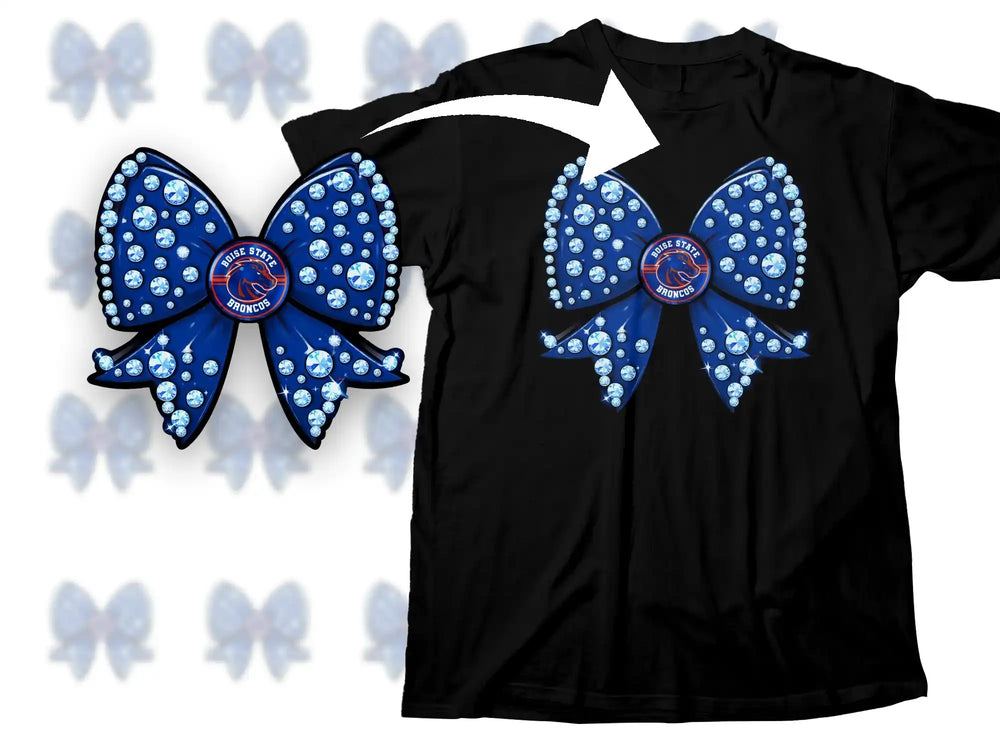 Blue rhinestone bow with Boise State Broncos logo on black t-shirt, print-ready design