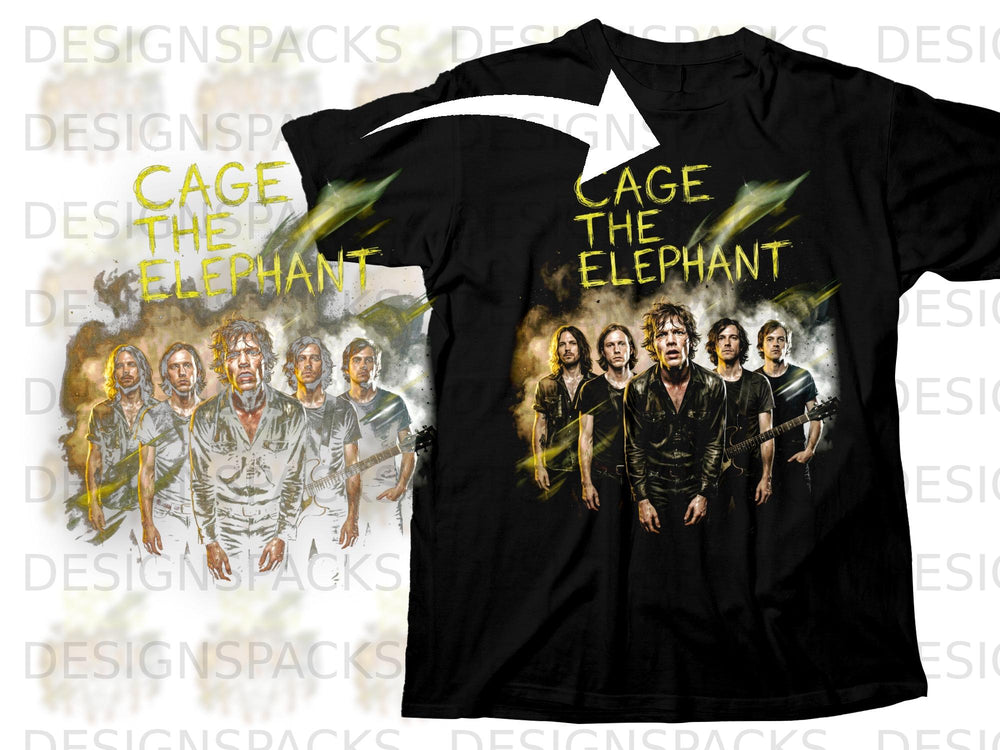 Black t-shirt featuring the band Cage the Elephant with a graphic of the band members.