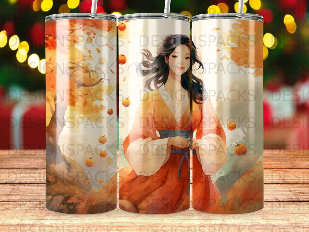 Asian woman in orange dress with artistic background.