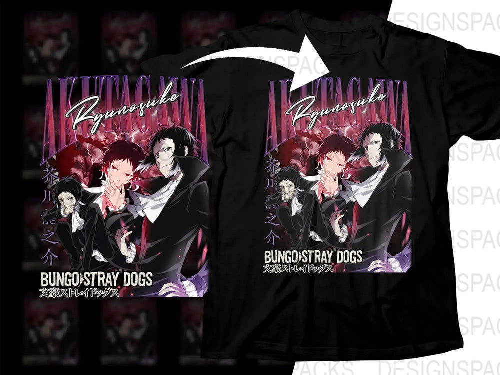 Bungo Stray Dogs anime t-shirt design with Ryunosuke Akutagawa, print-ready for DTG or DTF