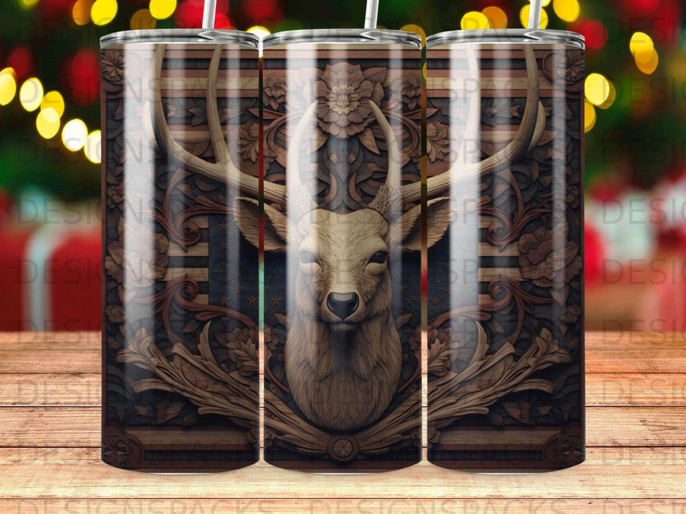 Buck deer head with antlers on rustic wood and distressed flag background.