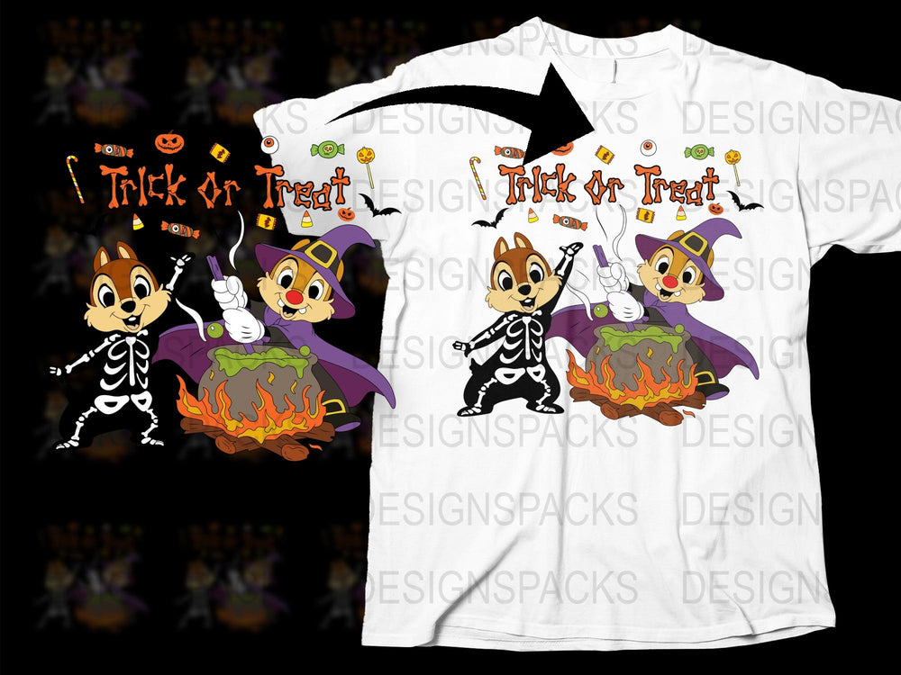 Trick or Treat Halloween T-Shirt, Cute Cartoon Chipmunks, Kids Spooky Costume Tee, Unisex Children's Fall Festival Apparel