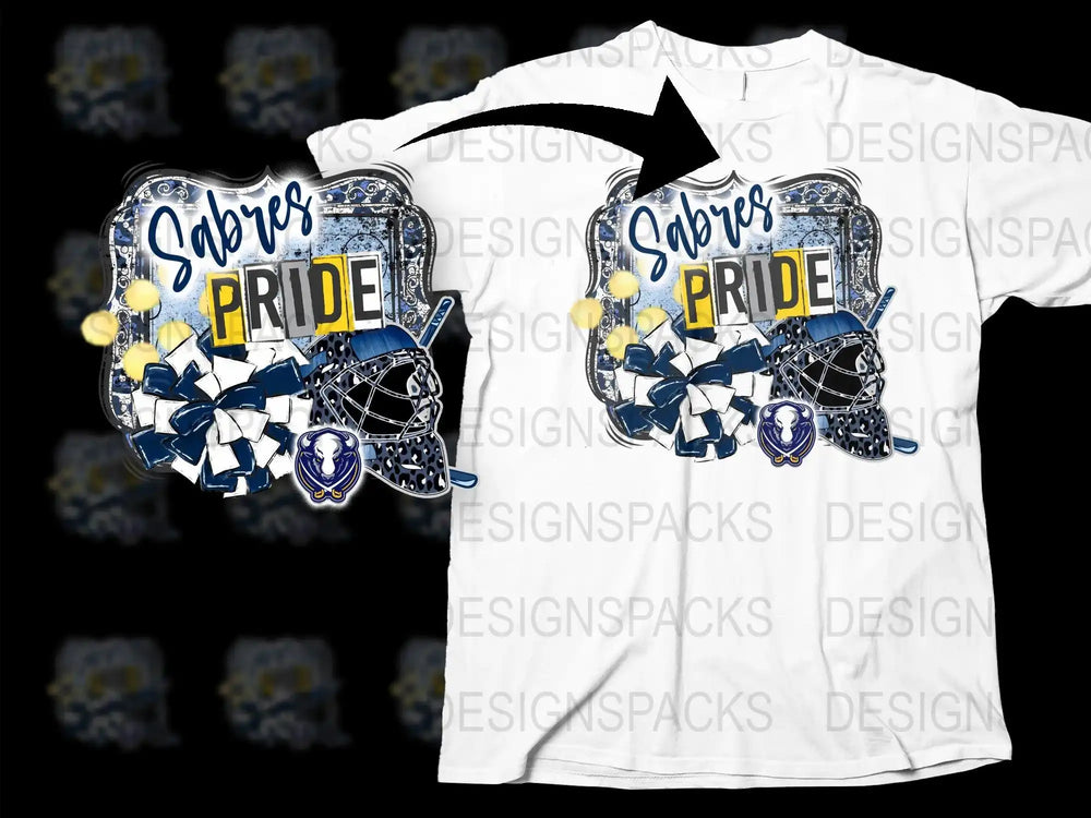 Sabres Pride hockey design with goalie mask, pom-poms, and team logo for DTF/DTG printing