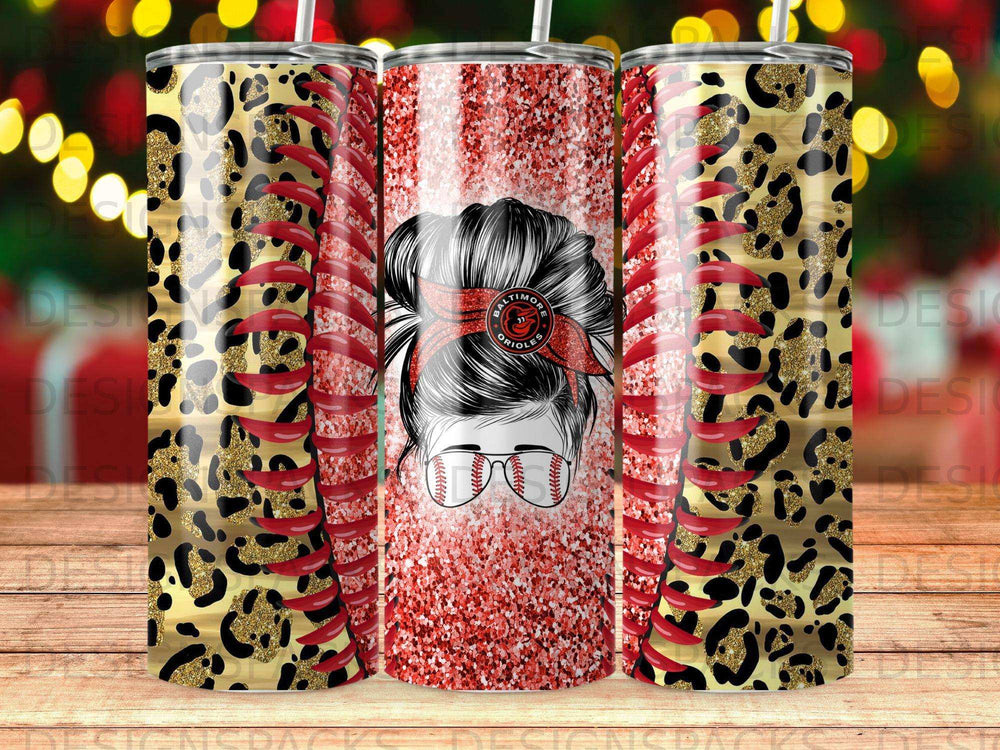 Leopard print tumbler with red glitter, baseball, and Baltimore Orioles logo.