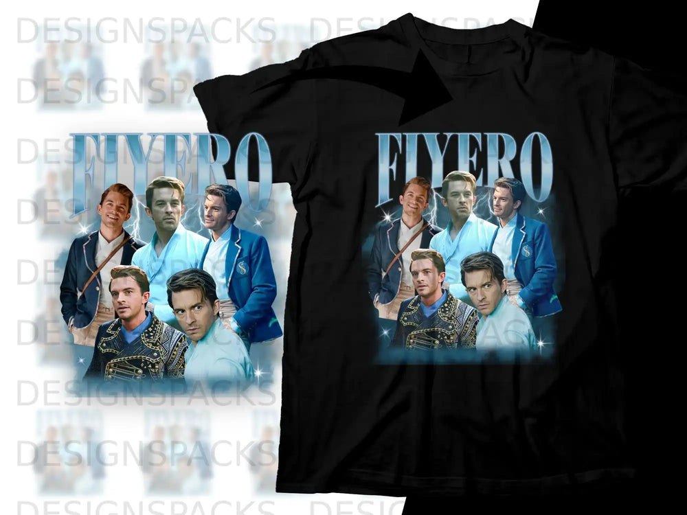 Black t-shirt with a graphic of four young men in blue and gold attire.