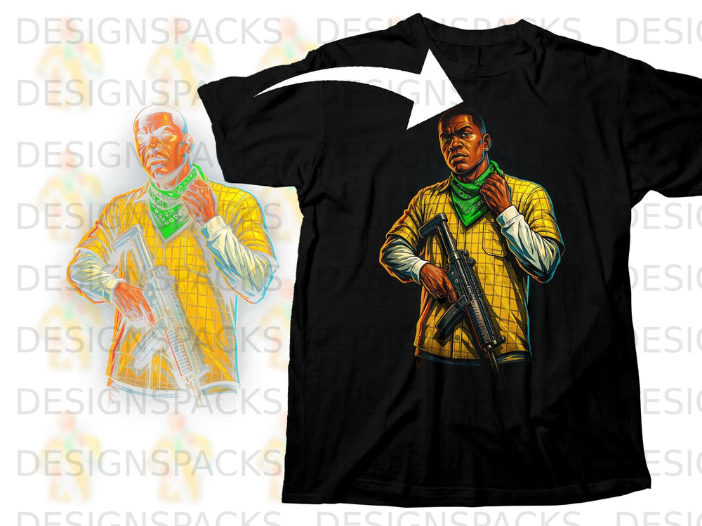 Black t-shirt featuring a graphic of a man in a yellow checkered shirt holding a rifle.
