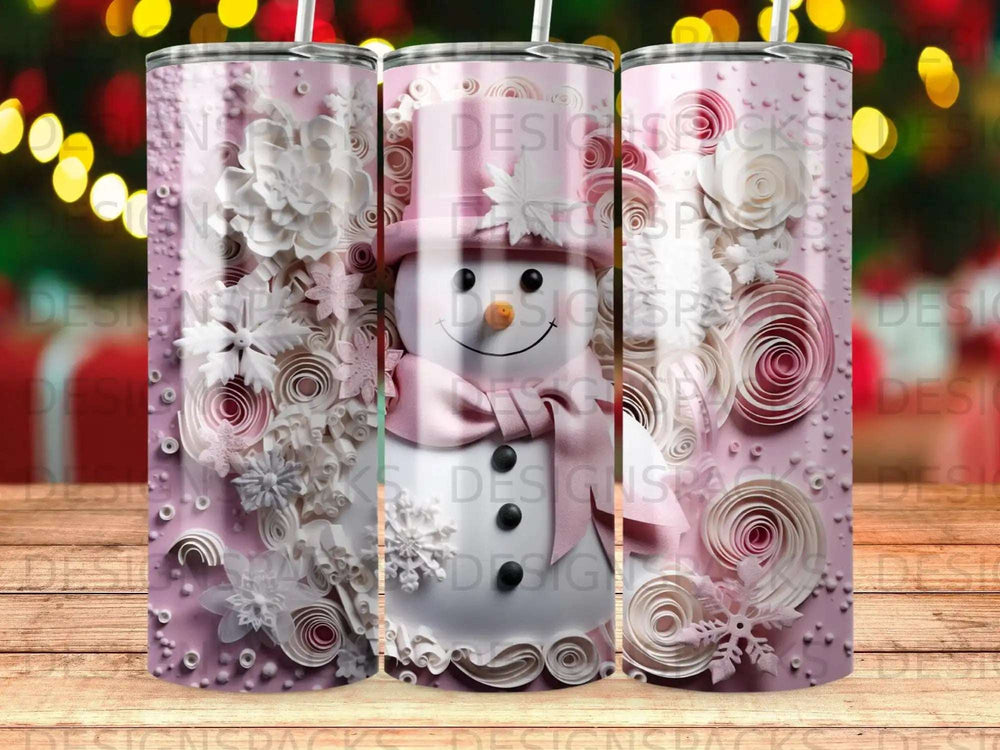 Pink tumbler with white floral and snowflake designs, topped with a snowman illustration.