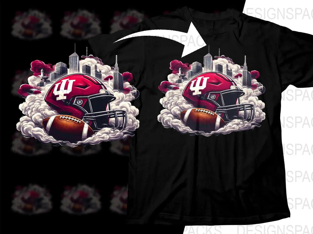 Football helmet and ball design with city skyline, print-ready for DTG/DTF t-shirts
