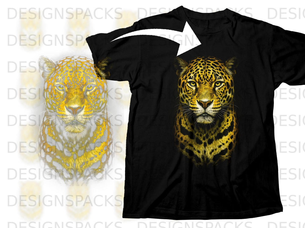 Black t-shirt with a detailed, golden jaguar head graphic.