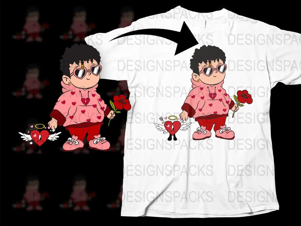 Cute cartoon boy with heart sunglasses, holding rose and angel heart, printed on white t-shirt