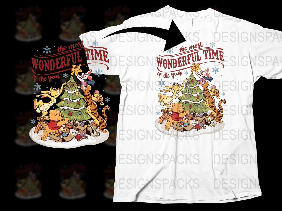 Wonderful Time Christmas T-Shirt, Cute Animals Decorating Tree, Festive Holiday Tee for All Ages