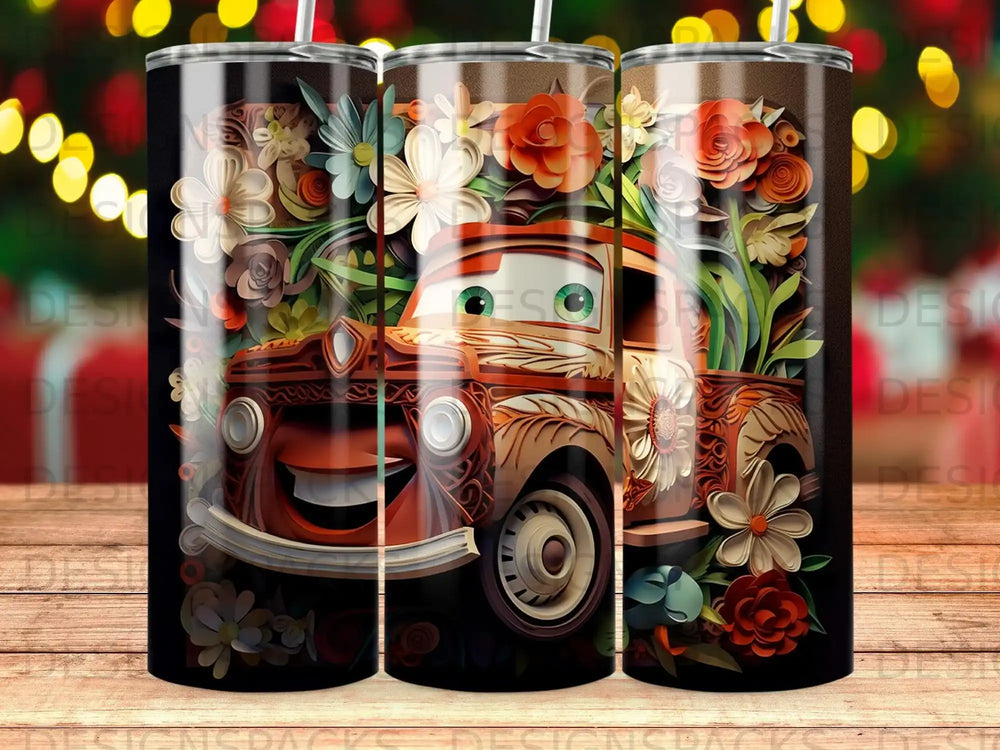 Vintage car front with floral accents and happy eyes.