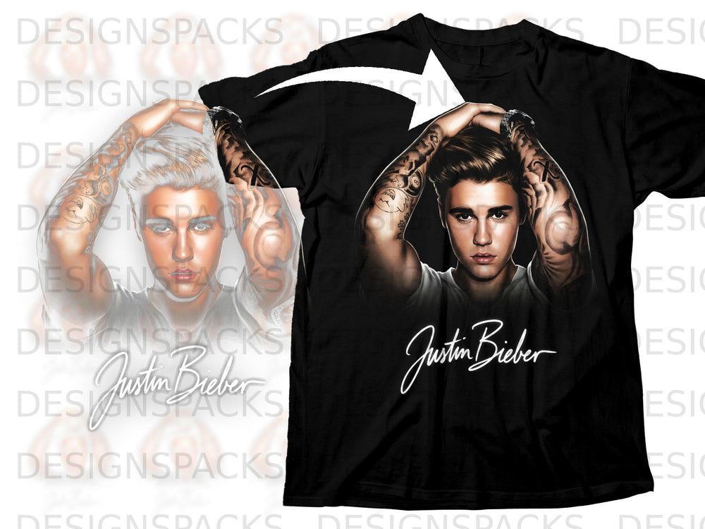 Black t-shirt with Justin Bieber graphic and signature.
