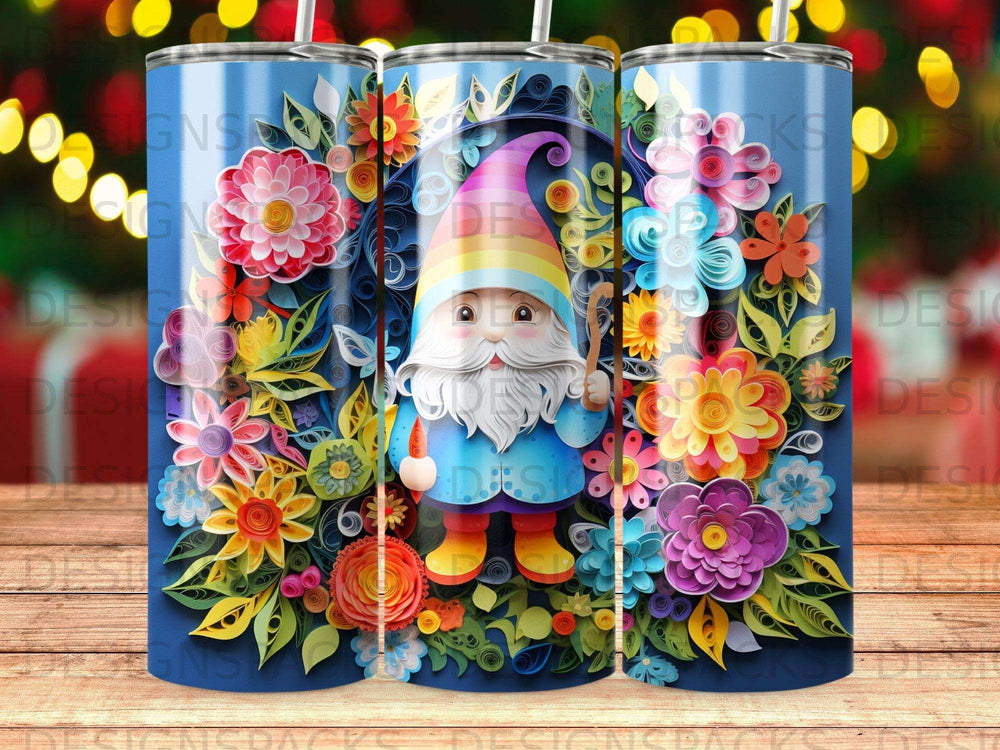 Gnome in colorful outfit surrounded by vibrant paper flowers.