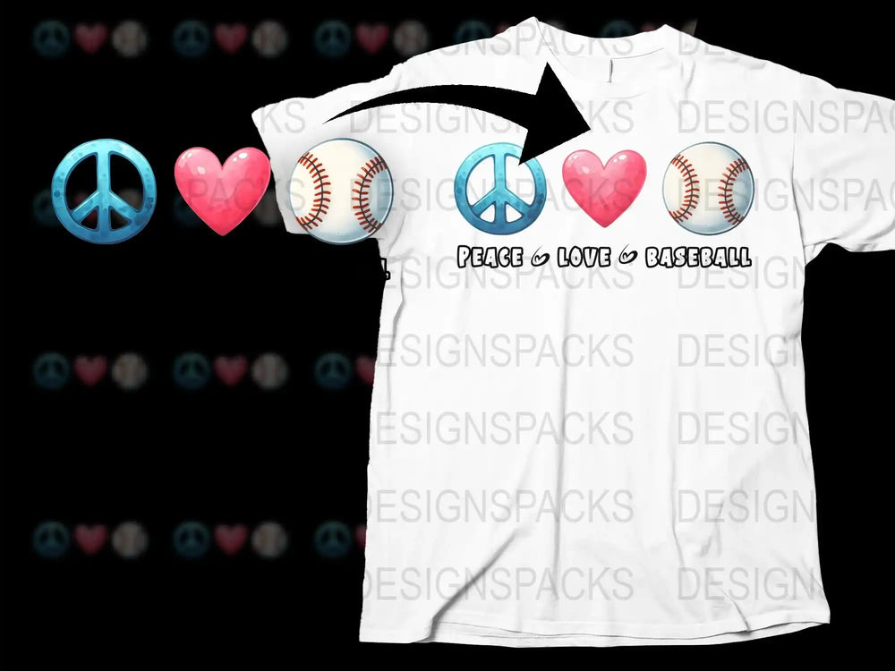 Peace Love Baseball T-Shirt, White Graphic Tee, Sports Heart and Peace Symbol Design
