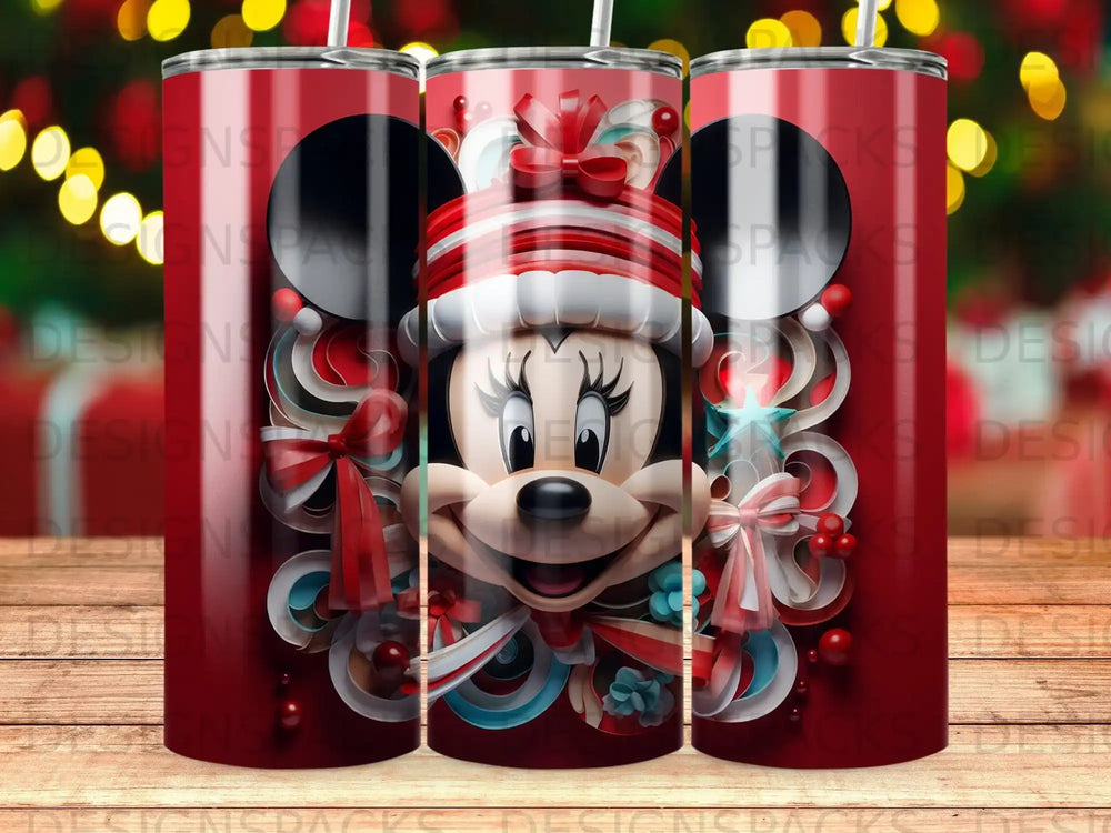 Minnie Mouse with red and white striped bow and holiday accents.