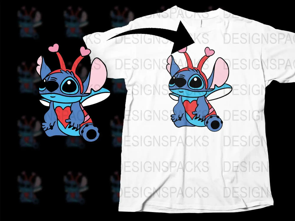 Cute Stitch Valentine design on white t-shirt, perfect for DTF/DTG printing