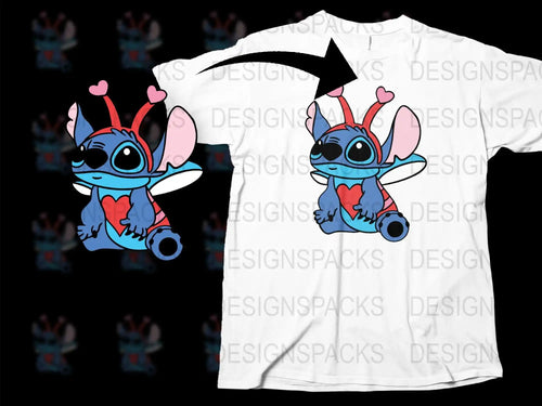 Cute Stitch Valentine design on white t-shirt, perfect for DTF/DTG printing