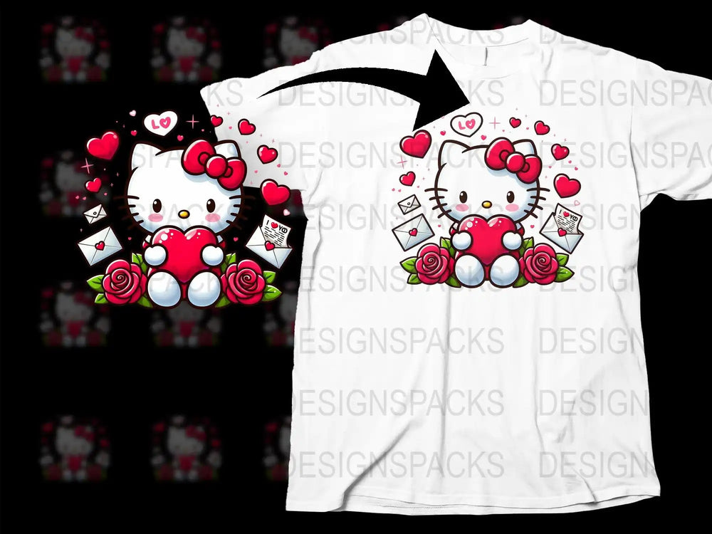 Hello Kitty holding heart with roses and love letters, Valentine's design for t-shirts