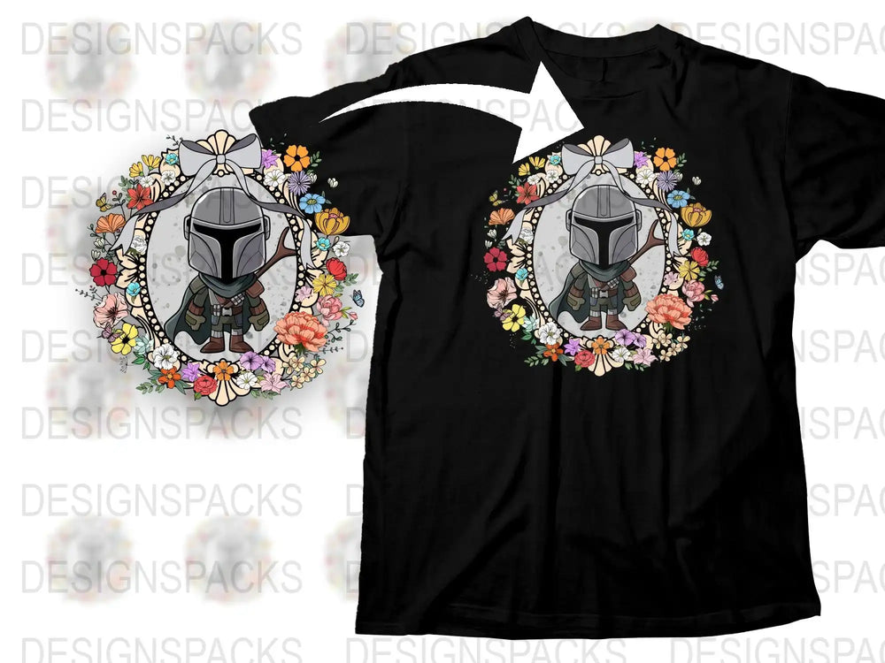 Cute Mandalorian in floral wreath design for t-shirt, print-ready PNG SVG