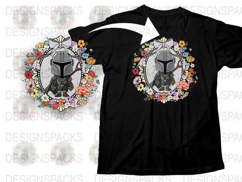Cute Mandalorian in floral wreath design for t-shirt, print-ready PNG SVG