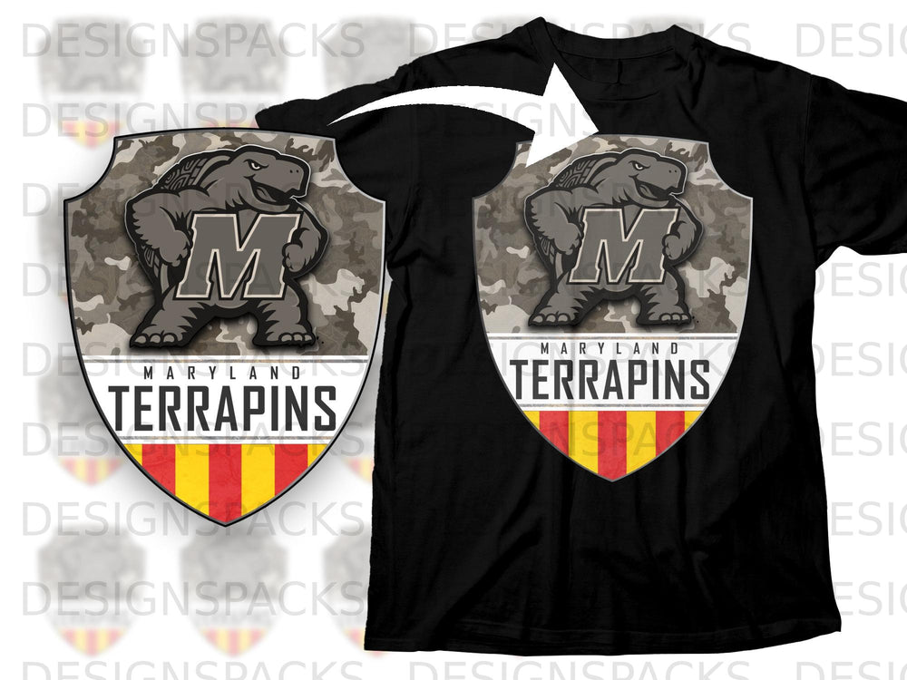 Maryland Terrapins logo with a cartoon turtle on a black t-shirt.
