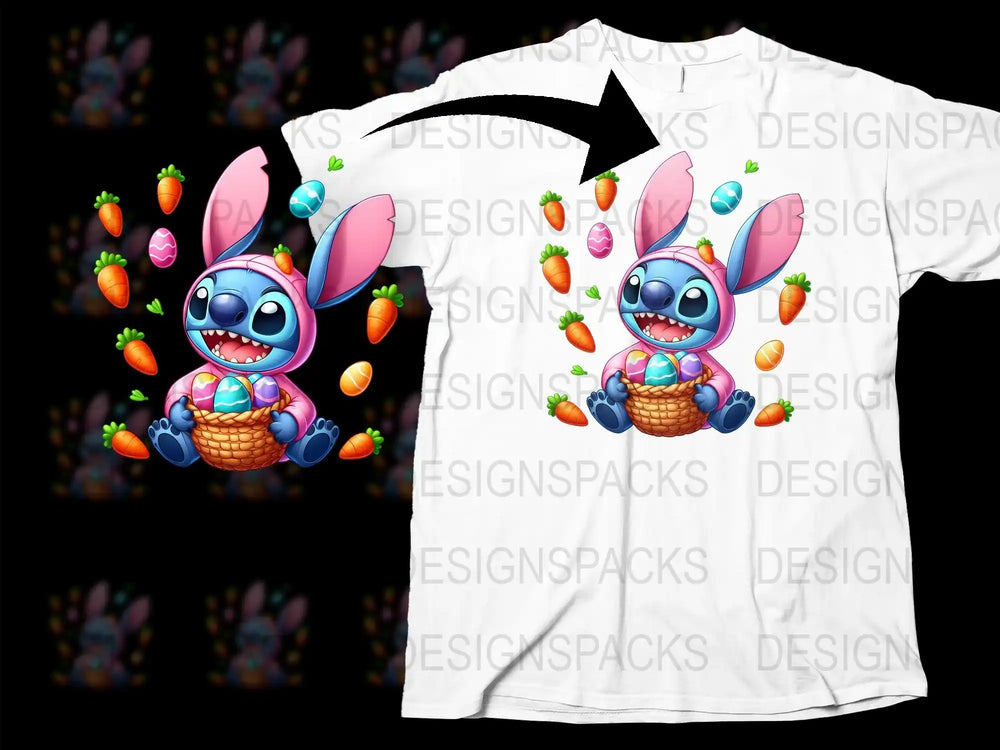 Easter Stitch bunny t-shirt design with carrots and eggs, print-ready for DTG/DTF