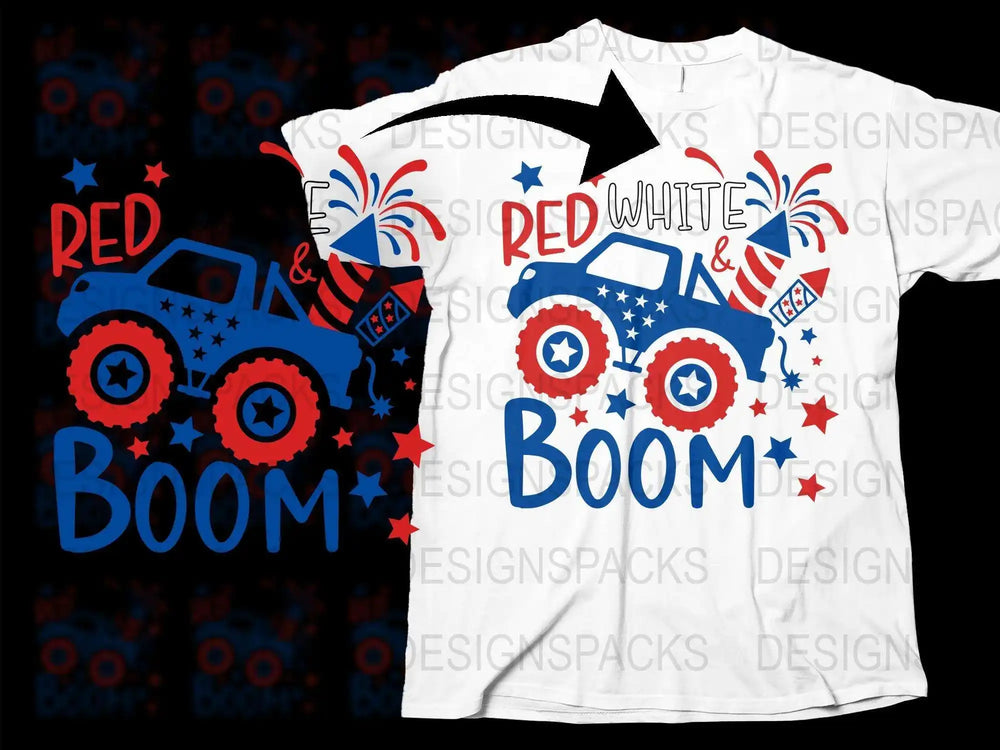 Patriotic Monster Truck T-Shirt, Red White and Boom, 4th of July Tee, American Flag Design, Kids and Adults Sizes Available