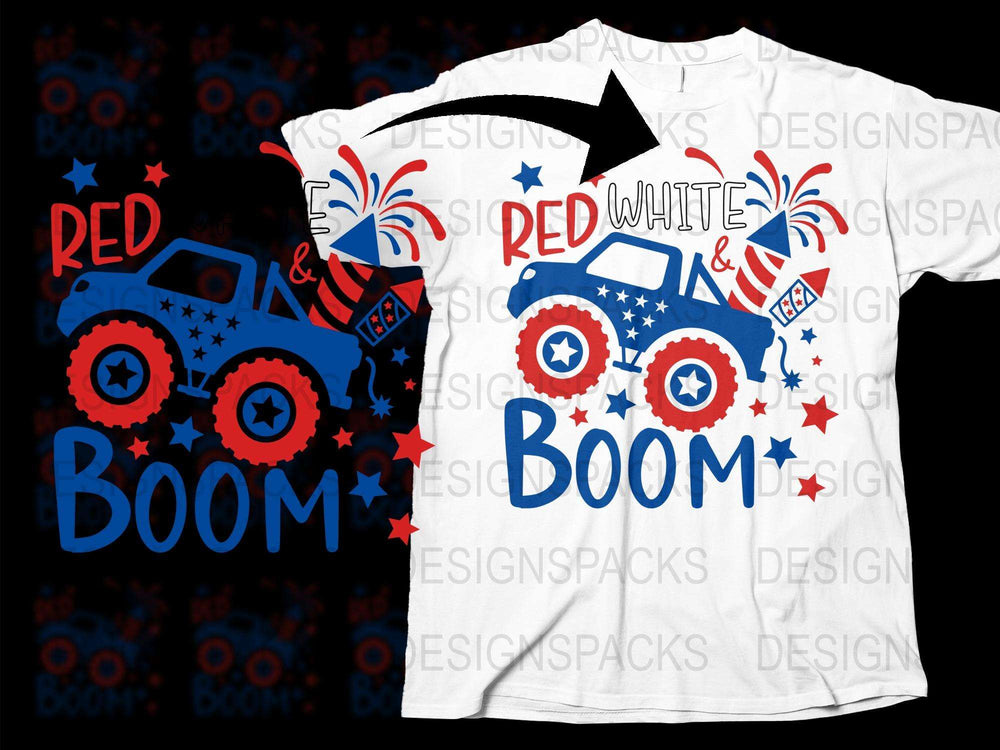 Patriotic Monster Truck T-Shirt, Red White and Boom, 4th of July Tee, American Flag Design, Kids and Adults Sizes Available