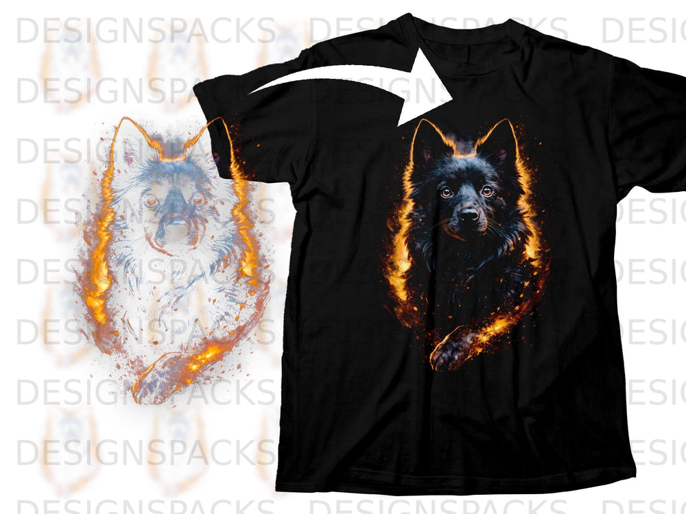 Black t-shirt with a wolf-like dog head surrounded by fire graphic.