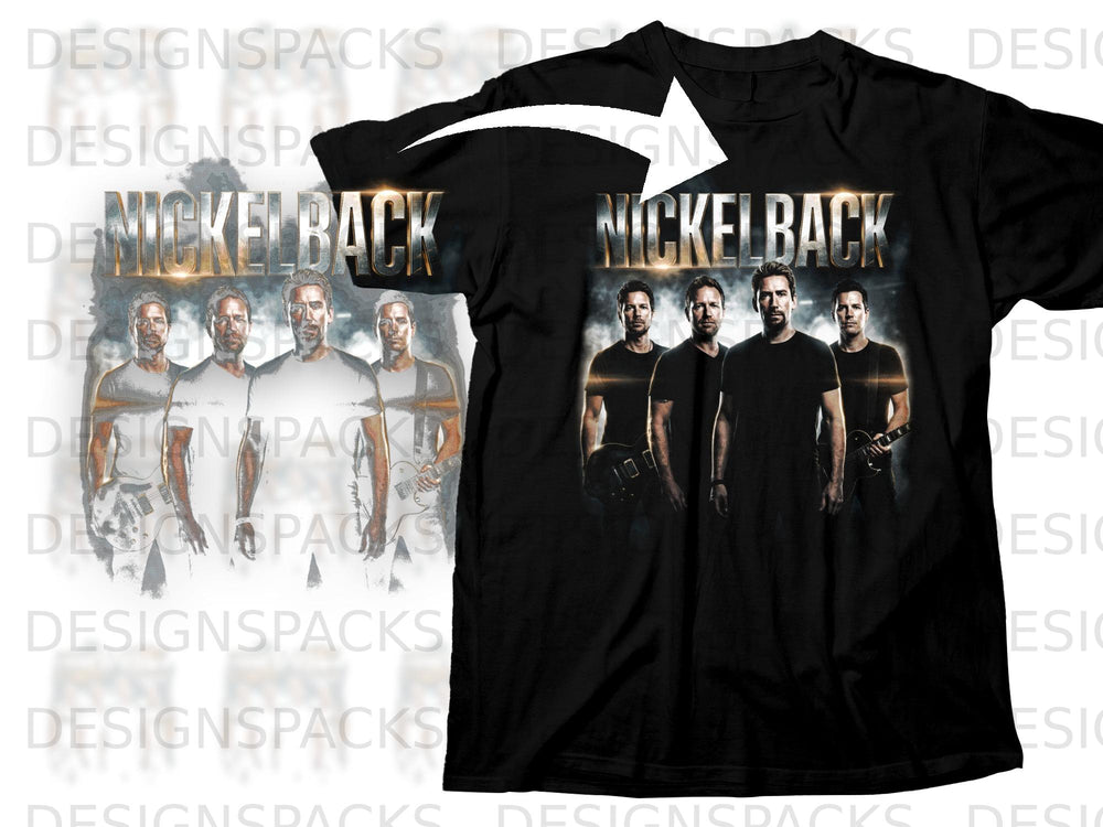 Black t-shirt with Nickelback band members and logo design.