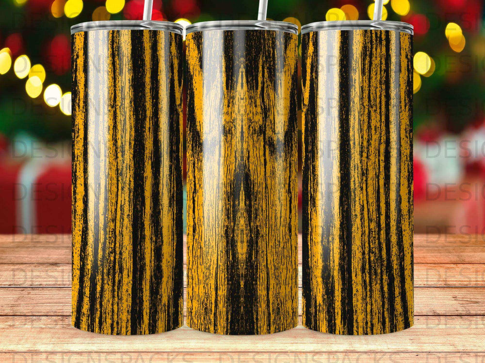 Three tumblers with a black and orange striped wood grain pattern.