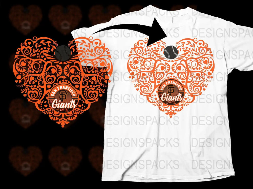 San Francisco Giants heart design t-shirt with orange floral patterns and baseball graphic