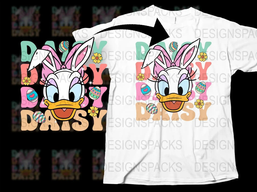 Daisy Duck Easter design with bunny ears, colorful eggs, and flowers on a white t-shirt