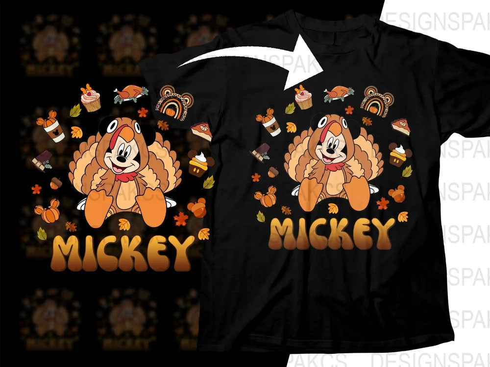 Mickey Mouse in turkey costume Thanksgiving design for DTG/DTF printing, fall leaves, pies, pumpkins