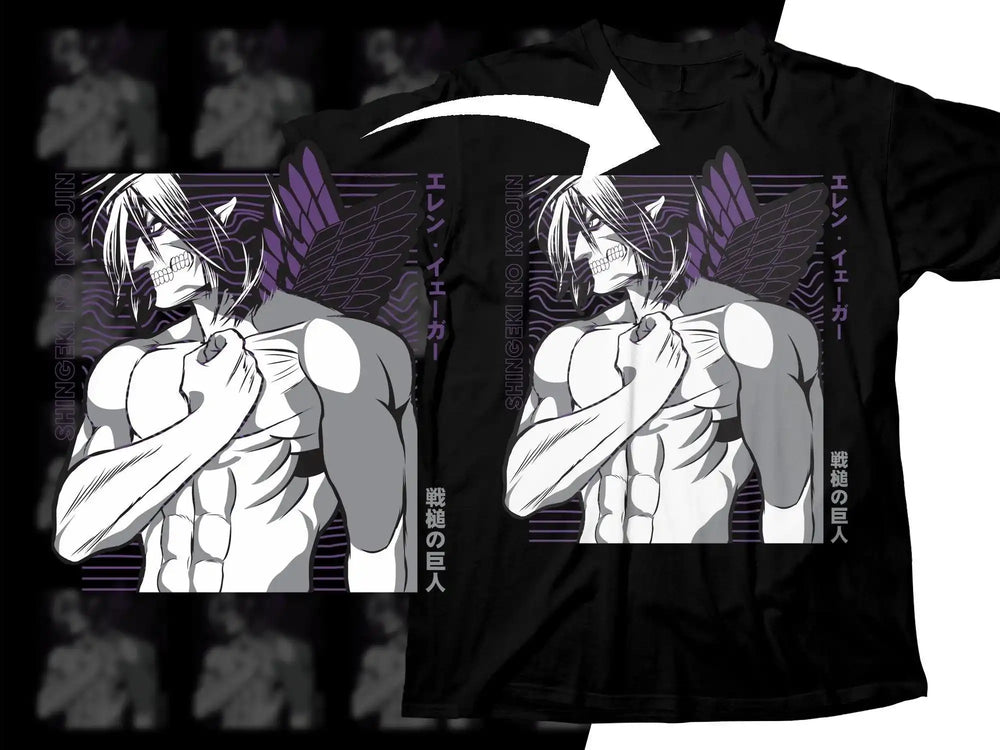 Eren Yeager Attack on Titan t-shirt design with purple wings and Japanese text, print-ready graphic
