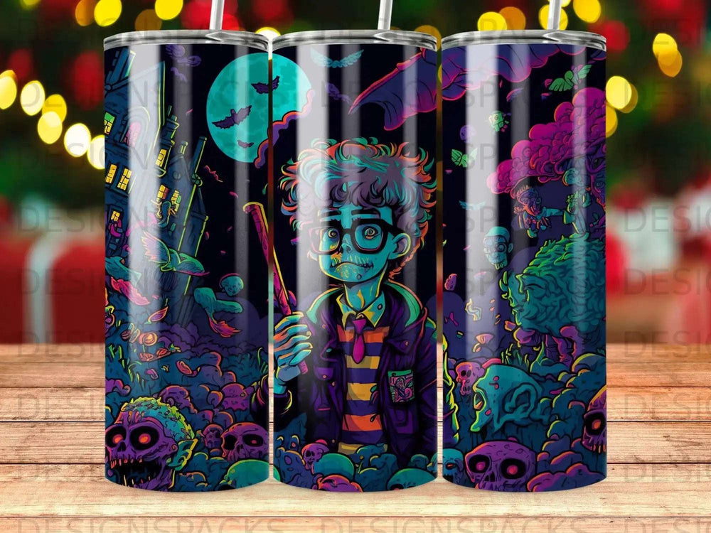 Illustration of a person holding a candy cane among Halloween monsters and decorations.