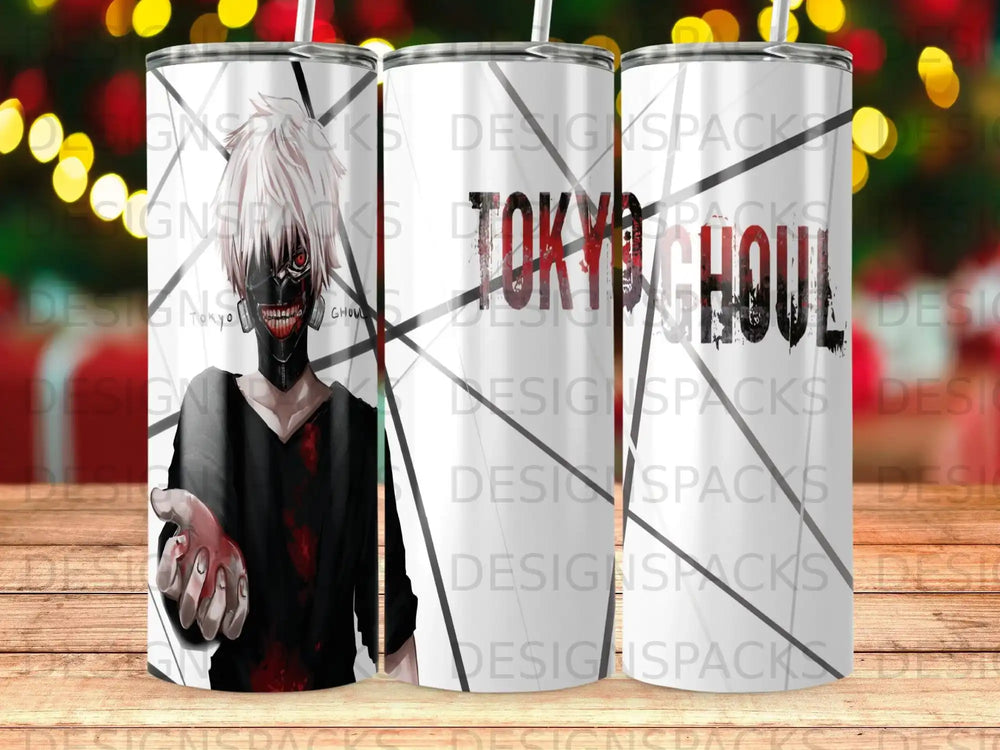 Tokyo Ghoul tumbler with Kaneki Ken artwork and "Tokyo Ghoul" text.