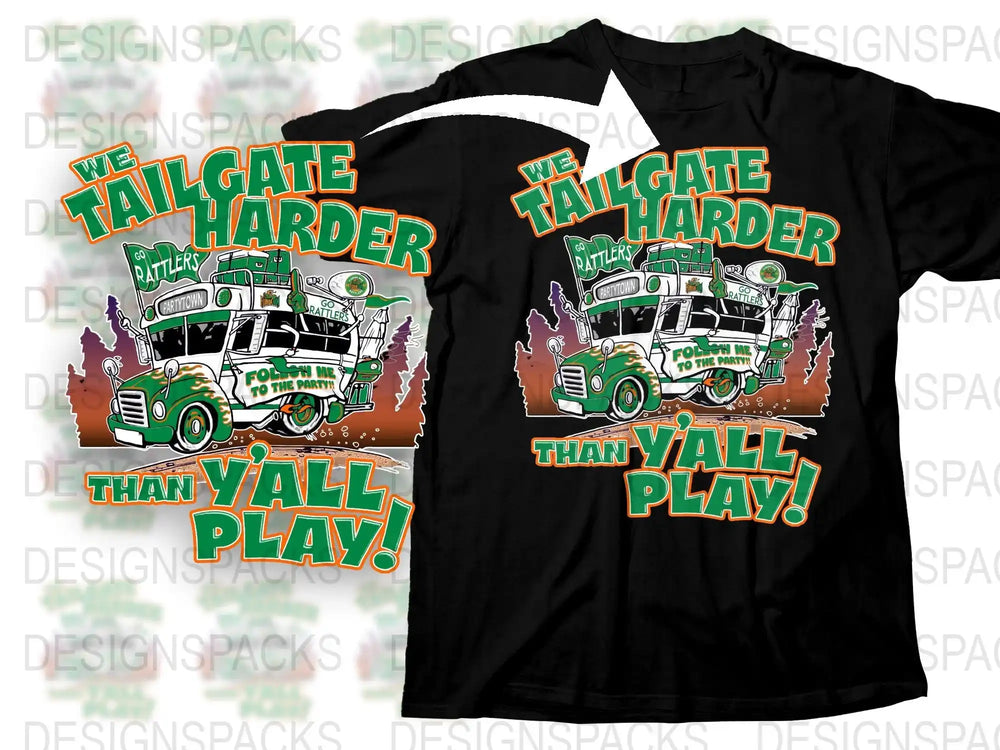 Black t-shirt with green and white party bus design, 'We Tailgate Harder Than Y'all Play' text