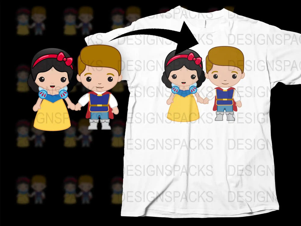 Cute Snow White and Prince design on white t-shirt, perfect for DTF/DTG printing