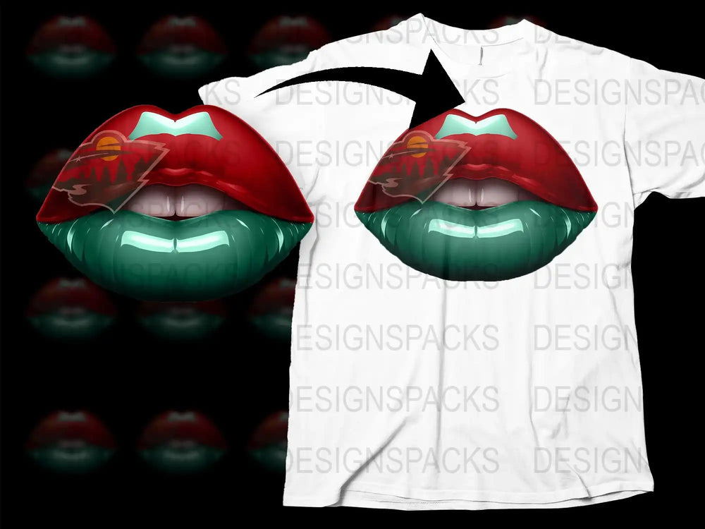Red and green lips with mountain sunset design, print-ready for DTF/DTG t-shirts