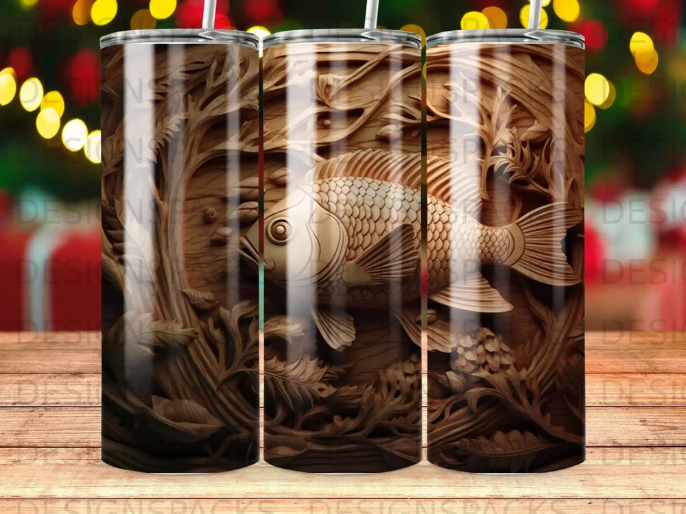Wood-carved fish design on a tumbler with blurry bokeh lights in the background.