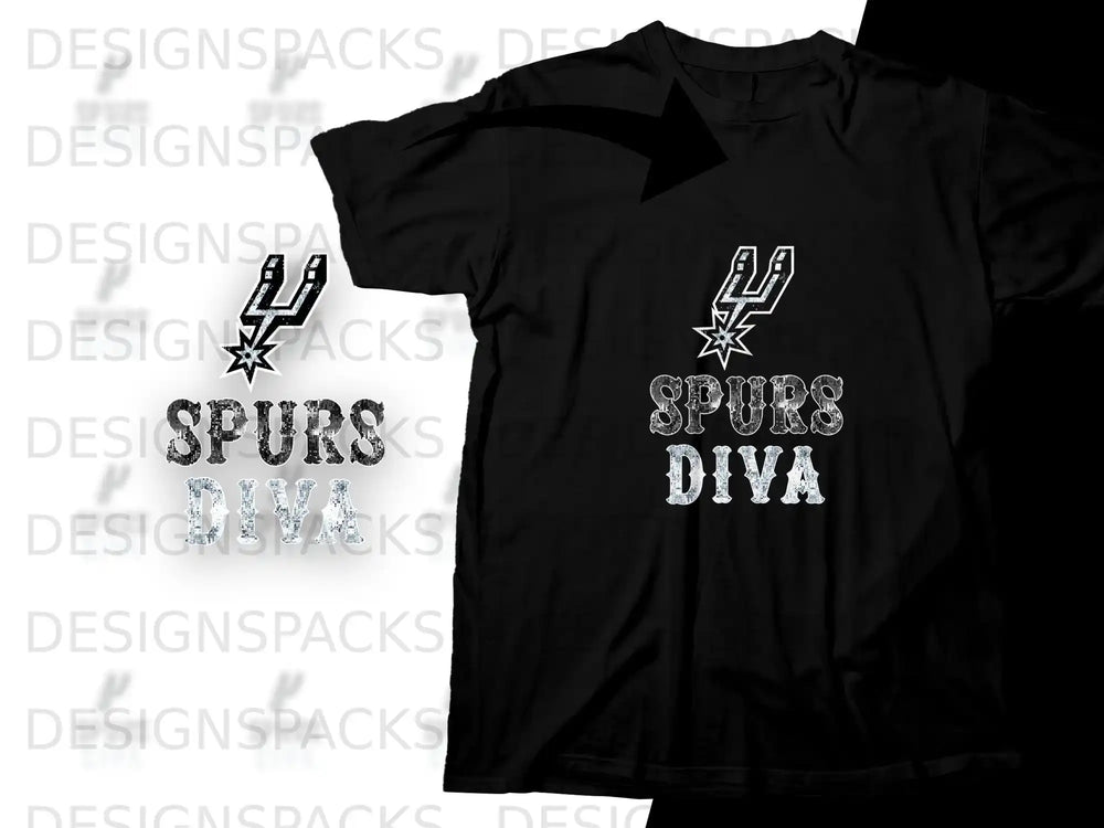 Black t-shirt with "SPURS DIVA" text and San Antonio Spurs logo.
