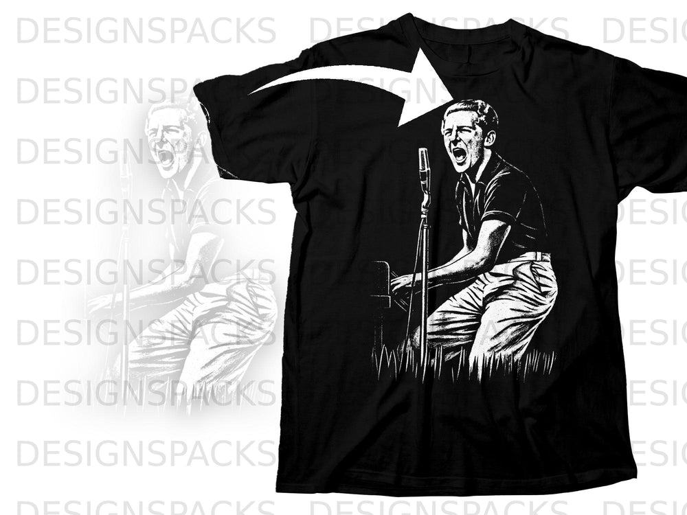 Black t-shirt with black and white graphic of a man singing into a microphone.