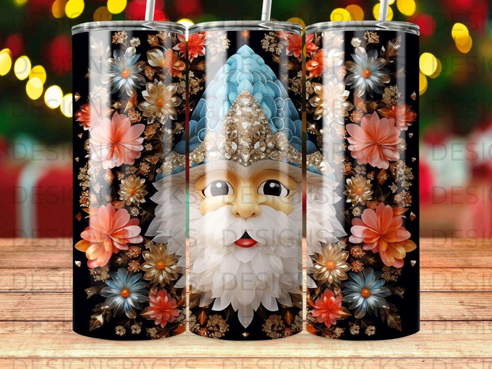 Santa Claus face with floral border on a tumbler.